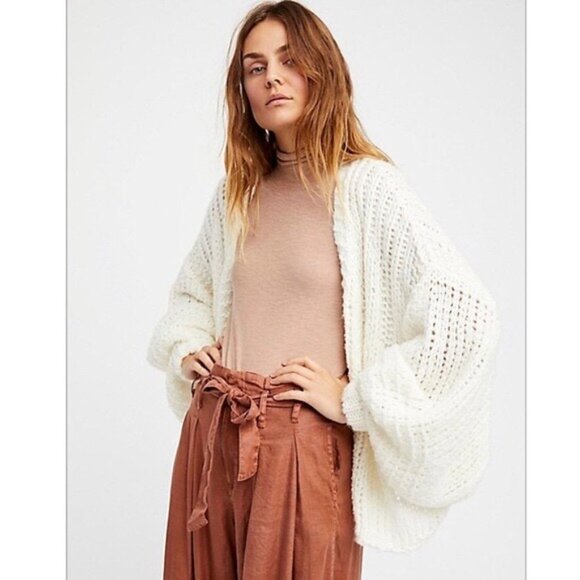 Free People Chamomile Knit Ballon Sleeve Cardigan - Cream - Size Medium - Picture 7 of 9